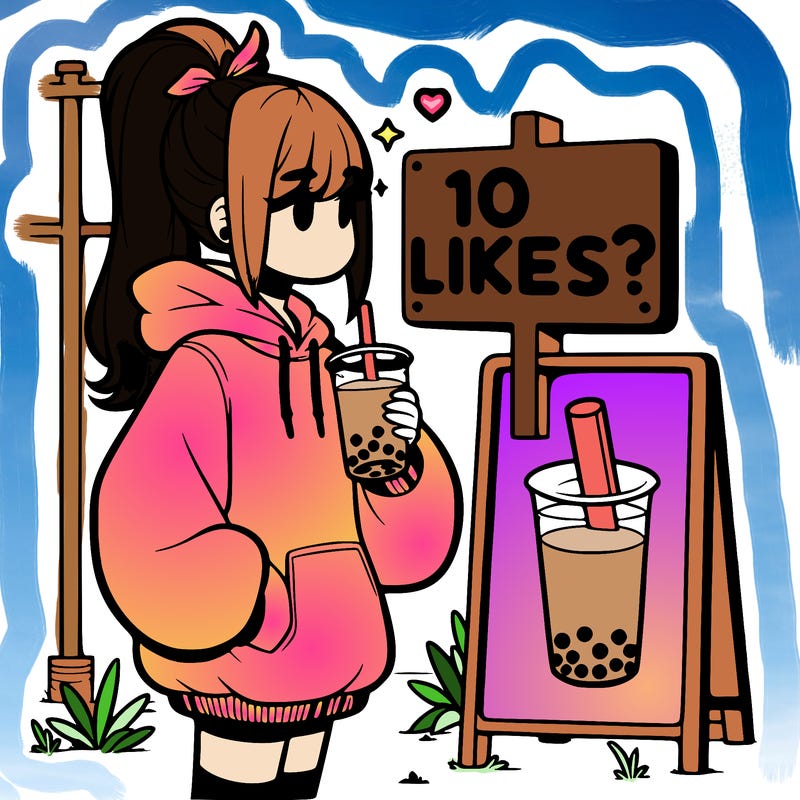 girl with oversized hoodie drinking boba and she has a high ponytail with a sign that says 10likes?