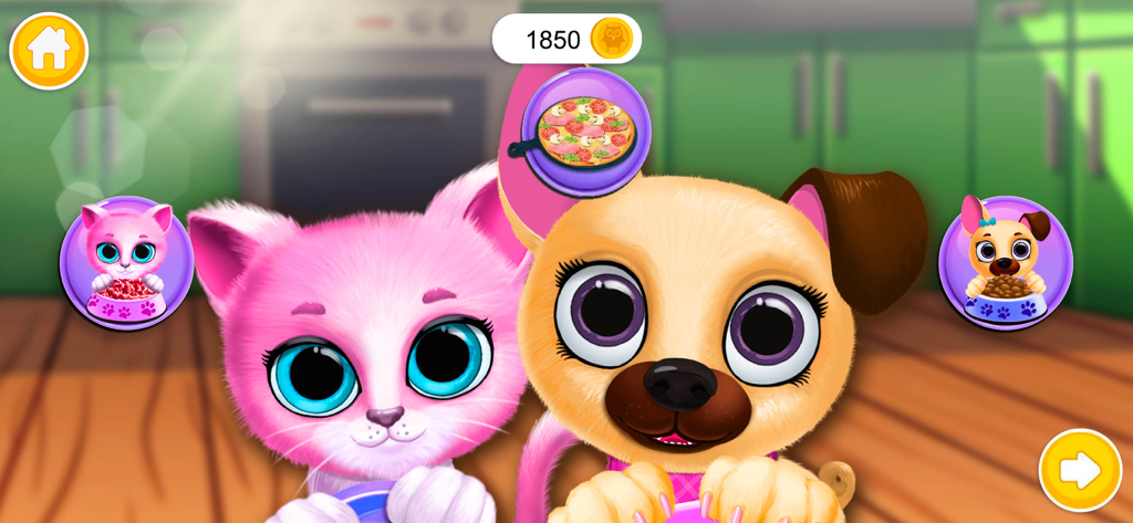 A gata rosa Kiki e o cachorro caramelo Fifi em uma cozinha querendo pizza em um jogo de cuidados com animais virtuais