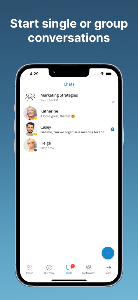 Communicator GO 7 Business-Chat-Bildschirm, der Gruppen- und Einzelgespräche zeigt