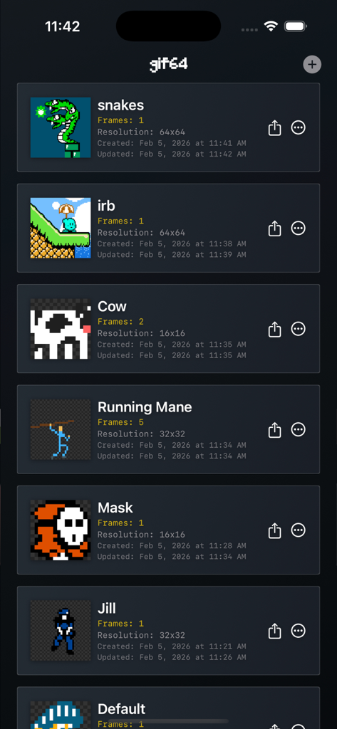 A gallery view of pixel art projects in the Spritesheet Maker app showing various sprites with their resolutions and frame counts.
