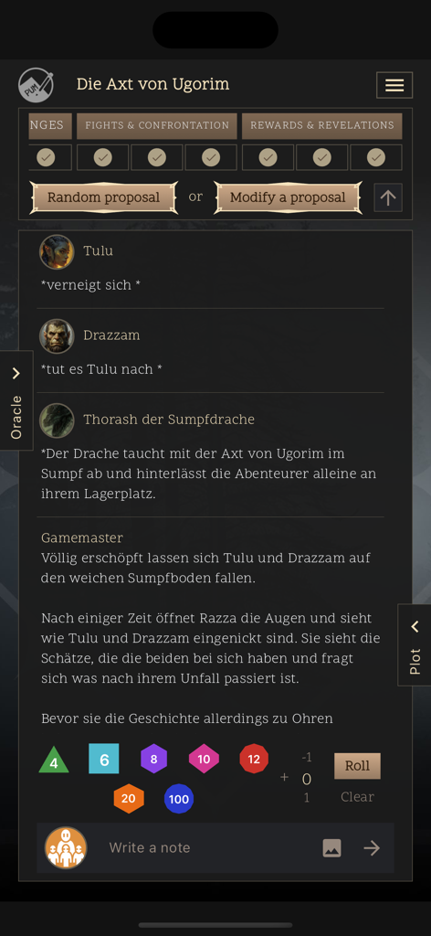 PUM Companion RPG Storytelling - Interface de PUM Companion montrant un journal d'aventure JdR solo avec dialogue de personnage et options de lancer de dés.