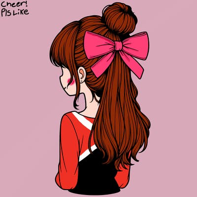 realistic girl  with hip length hair a bun and a big bow on the back of head