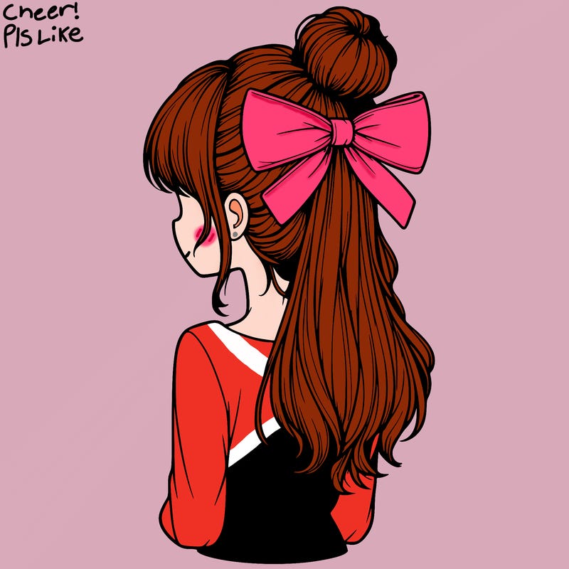realistic girl  with hip length hair a bun and a big bow on the back of head