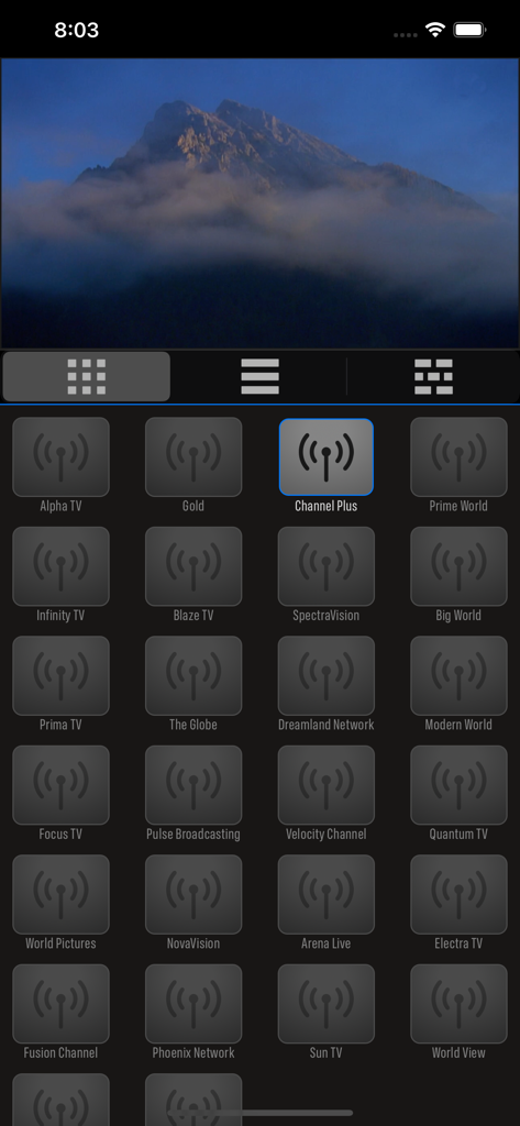 TV Set - TV Set app interface showing a grid of live channels and a video player with mountain landscape