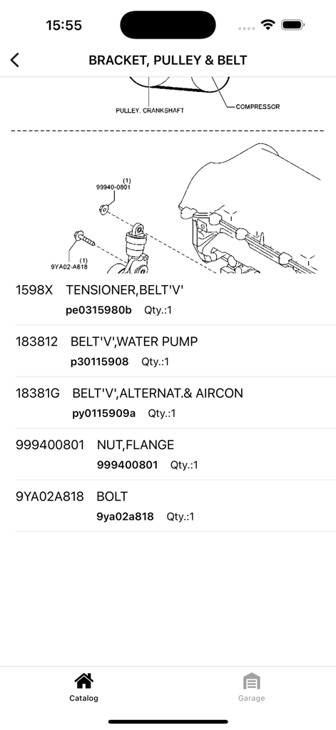 Technische Montagezeichnung von Mazda-Motorteilen, die Riemenscheibe, Riemen und Spanner mit Teilenummern zeigt