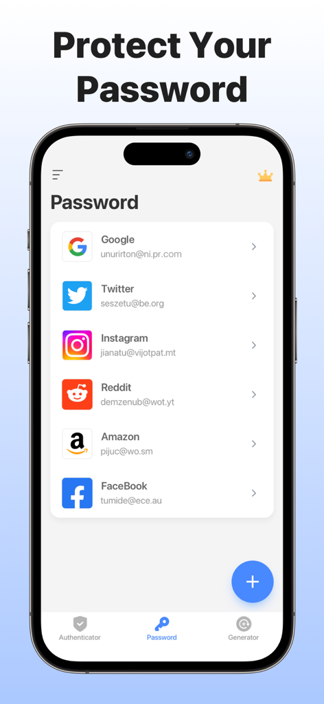 Interface de armazenamento de senhas no Aplicativo Autenticador mostrando uma lista de contas vinculadas incluindo Google e Facebook