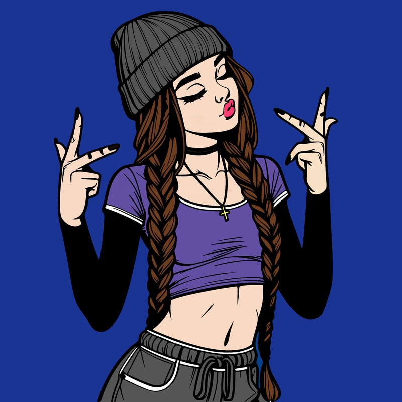 realistic teenage girl with braids and a beanie and crop top doing 🫶🏼