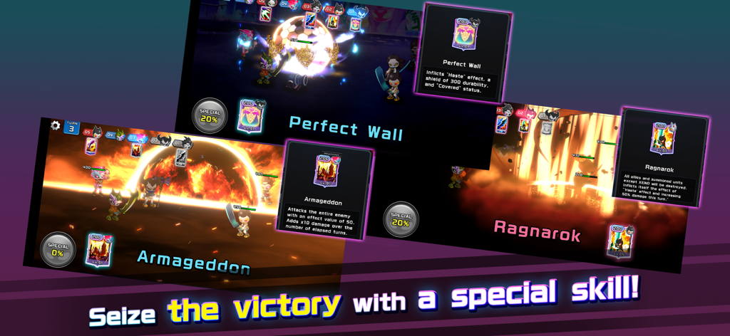 PROJECT_XENO - PROJECT XENO gameplay showing powerful special skills like Armageddon and Ragnarok in a tactical battle