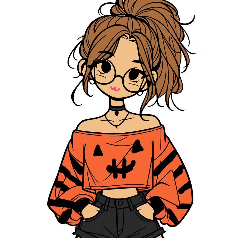 girl with a messy ponytail glasses a baggy crop top and jean shorts