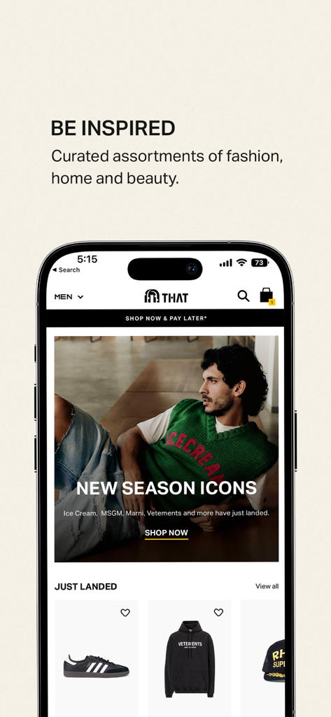 THAT Concept Store - Shopping - Interfaccia dell'app mobile per THAT Concept Store che visualizza collezioni di moda di lusso curate e icone della nuova stagione per uomo