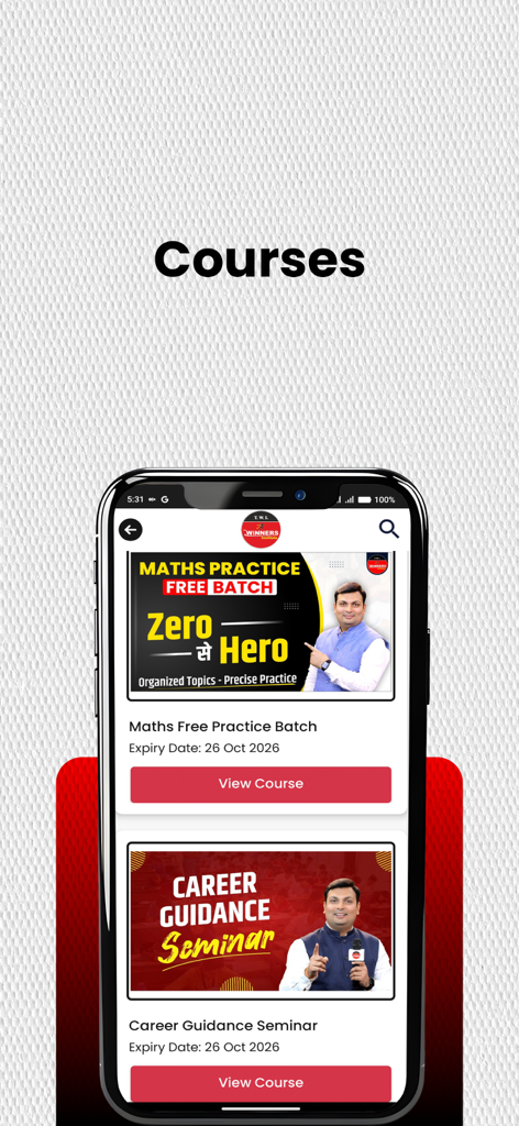 Winners Institute app screen showing maths practice and career guidance courses