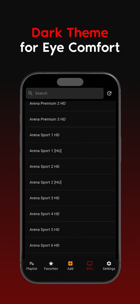 IPTV player m3u8 EPG Xtream - IPTV player app channel list displayed in dark theme for eye comfort