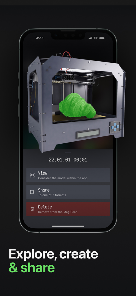MagiScan - AI 3D Scanner app - Interfaz de la aplicación MagiScan mostrando un objeto escaneado en 3D con opciones para ver, compartir o eliminar.