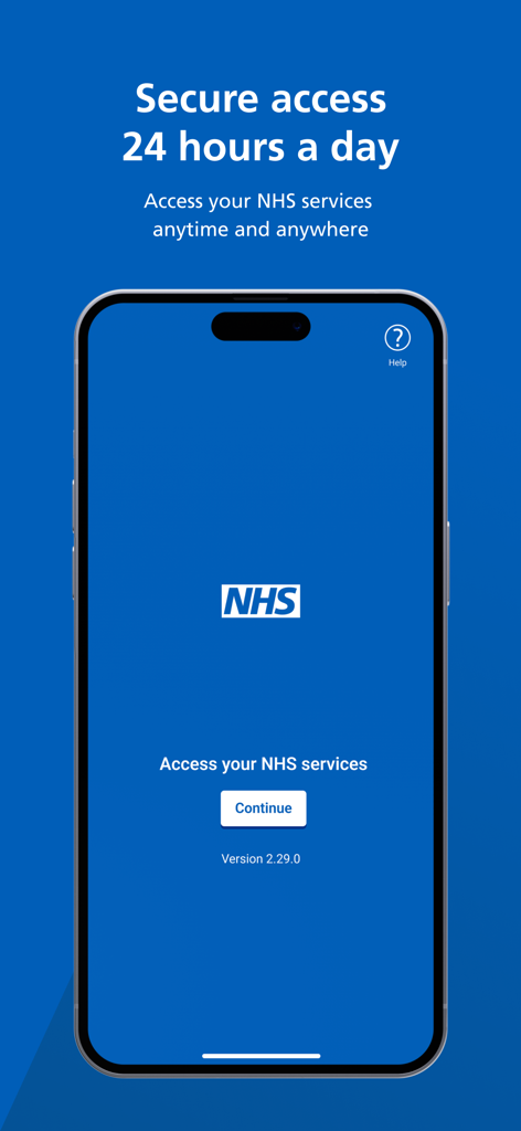 NHS App - Pantalla de inicio de la aplicación NHS con mensaje de acceso seguro y un botón de continuar
