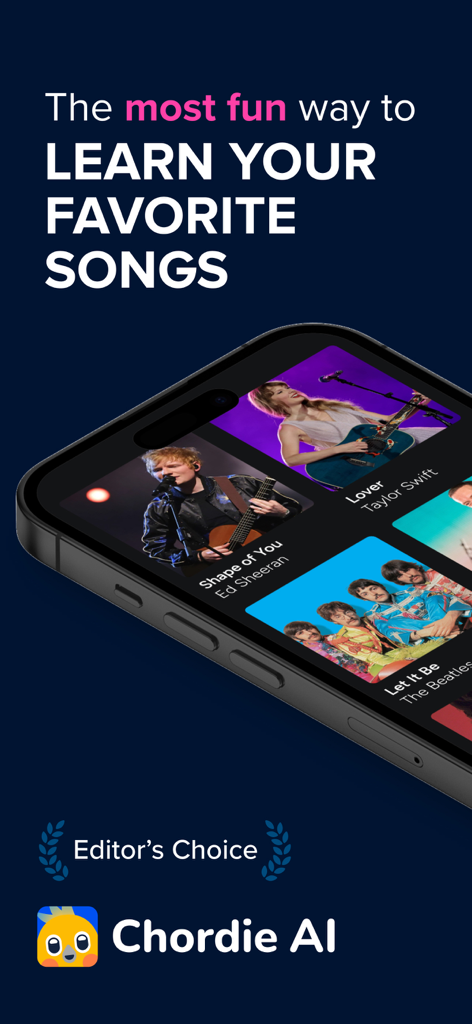 Chordie AI app interface showing popular songs to learn on guitar with an Editors Choice badge
