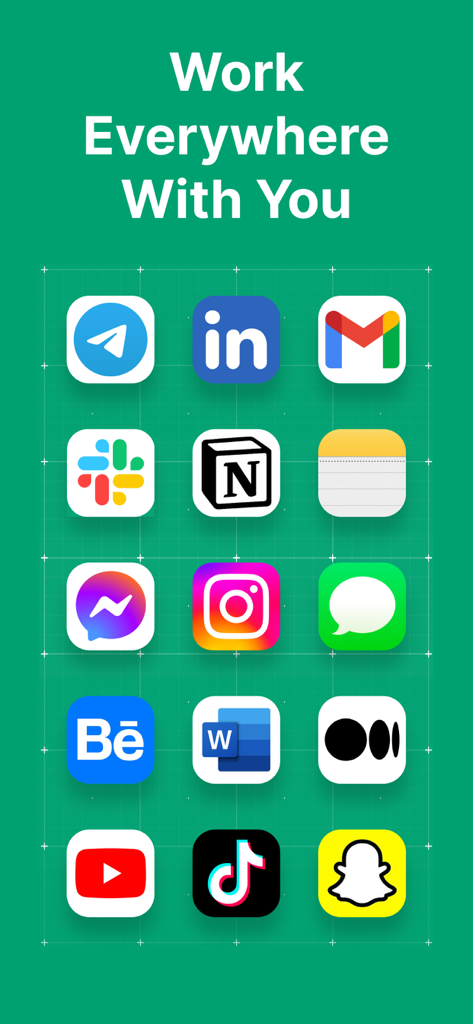 A grid of popular communication and productivity app icons showing cross-platform grammar correction compatibility