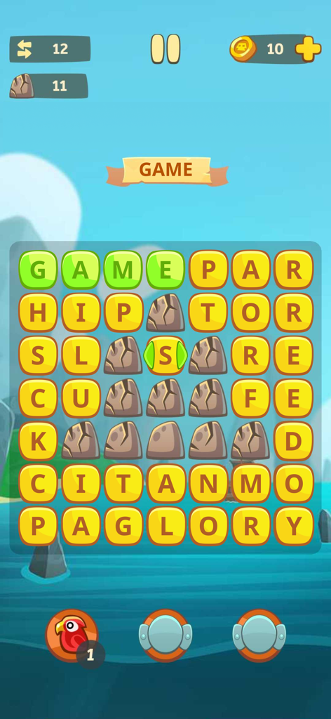 Word Chest - Connect Letters - Uma grade de caça-palavras do Word Chest mostrando blocos de letras e pedras em um tema de aventura marítima.