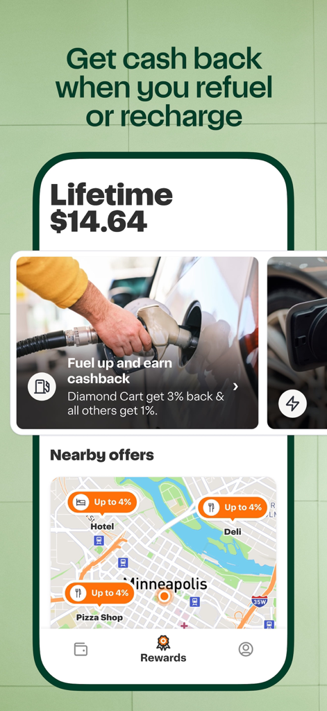 Tela do aplicativo Instacart Shopper Rewards mostrando recompensas de cashback de combustível e um mapa com ofertas próximas em Minneapolis