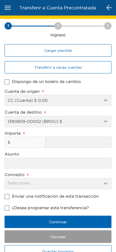 App eBROU money transfer form for pre-contracted accounts