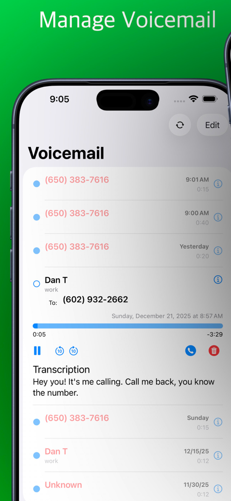 TwiPhone Pilot - TwiPhone Pilot voicemail management and transcription screen