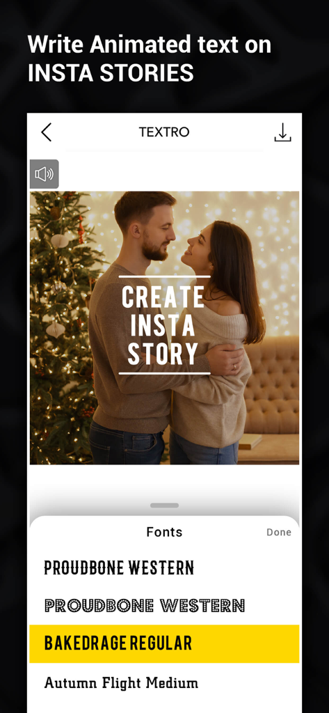 Textro - Animated Text Videos - Textro app interface showing font selection for an animated Instagram story