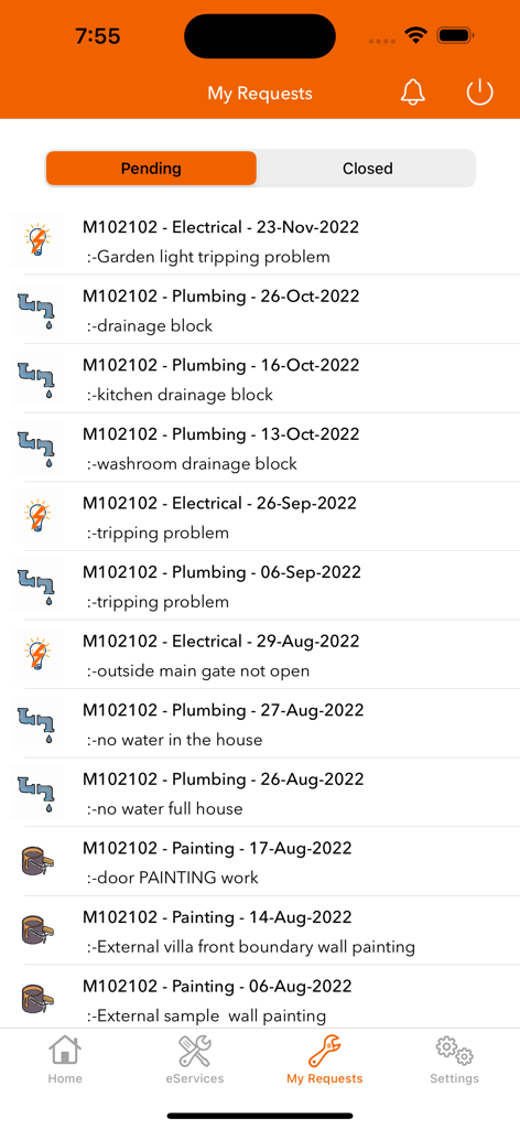 i-Fix - A list of pending maintenance requests in the i-Fix app including plumbing electrical and painting services