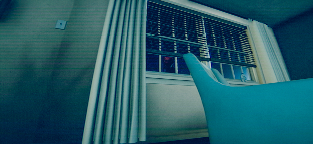 Creepy red entity peeking through a window in a grainy analog horror scene