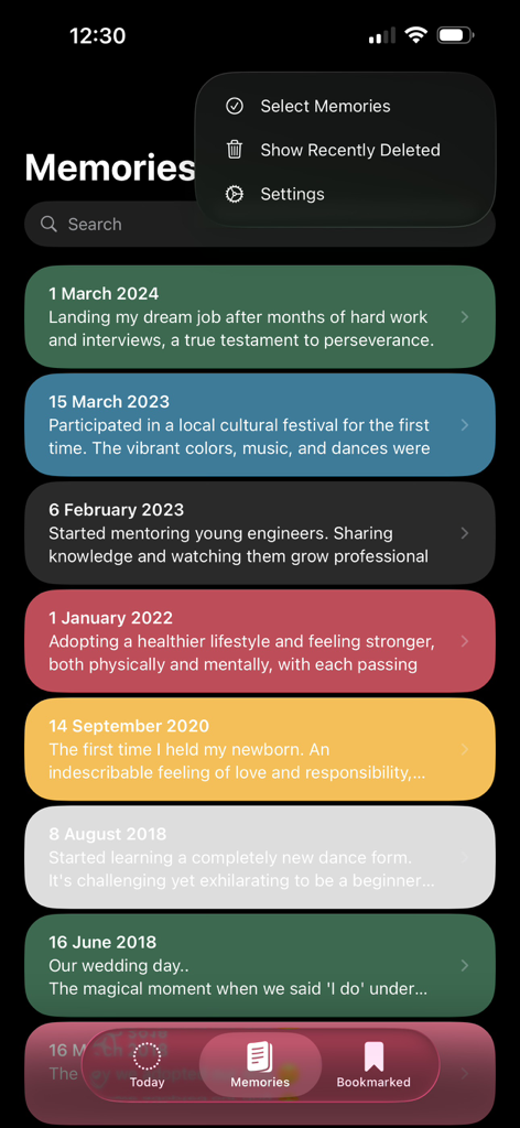 Today - Memory Notebook - Interface of Today - Memory Notebook app showing a list of colorful diary entries with dates and personal milestones