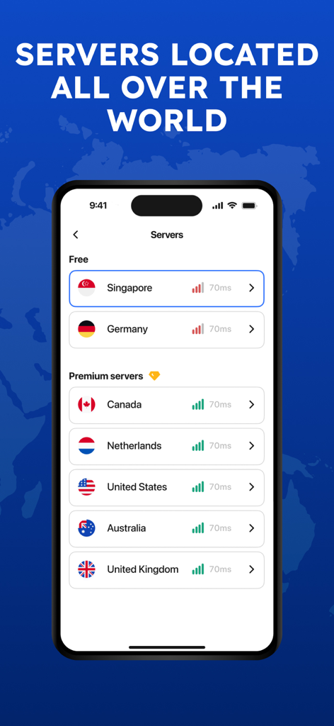 Una lista de ubicaciones de servidores VPN globales, incluyendo EE. UU. y Alemania, en la aplicación Octopus VPN.