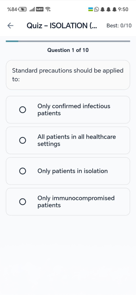 Interface do aplicativo IPC Guider mostrando uma pergunta de quiz de controle de infecção sobre precauções de isolamento.