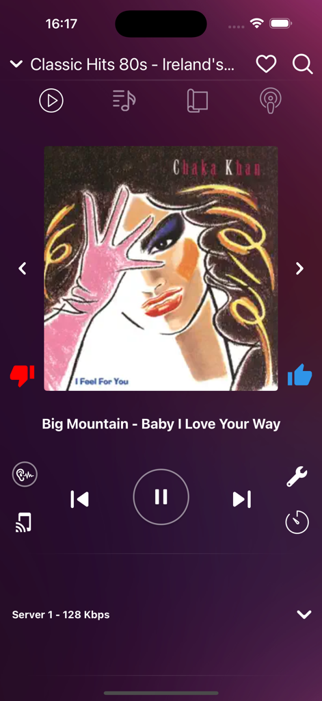 Irish Radio Live - Ireland - Irish Radio Live app interface showing the music player with album art and playback controls