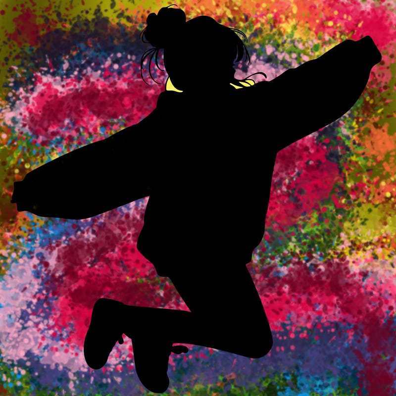 realistic girl jumping with a bun and oversized sweatshirt