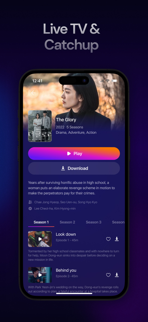 IPTV Smarters Player PRO - Interfaz de la aplicación IPTV Smarters Player PRO que muestra una página de detalles de serie con botones de reproducción y descarga