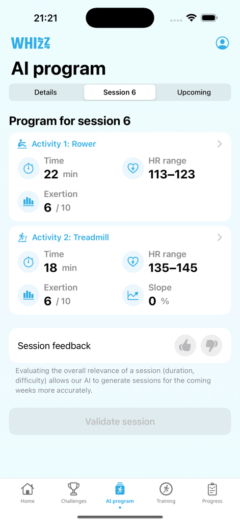 Interfaz del programa de entrenamiento de cardio con IA de Whizz que muestra detalles de la sesión de remo y cinta de correr.