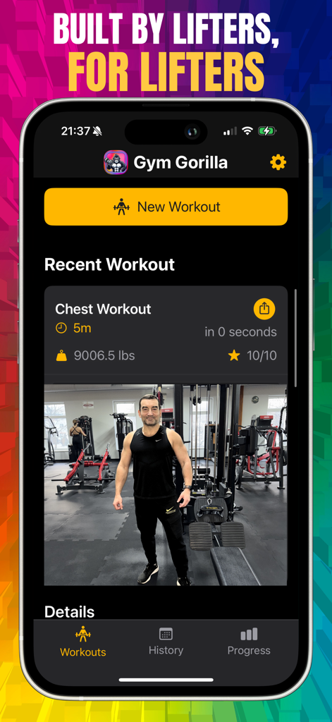 Gym Gorilla: Workout Tracker - Interfaz del rastreador de ejercicios Gym Gorilla que muestra un resumen de un entrenamiento de pecho reciente con el peso total levantado y foto del usuario