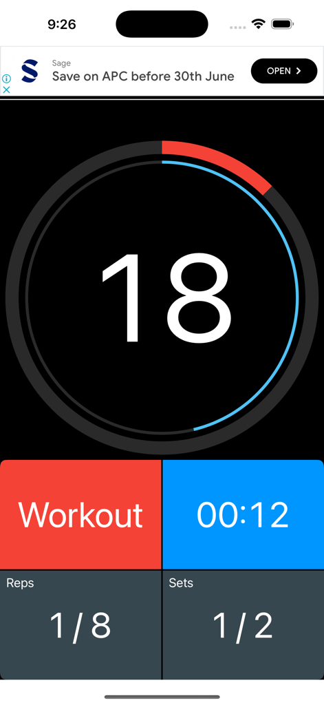 Tabata Timer for HIIT - Active Tabata timer screen showing workout countdown reps and sets
