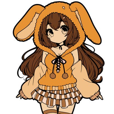 pretty anime girl wearing a fluffy hoodie with bunny ears on the hood and a skirt