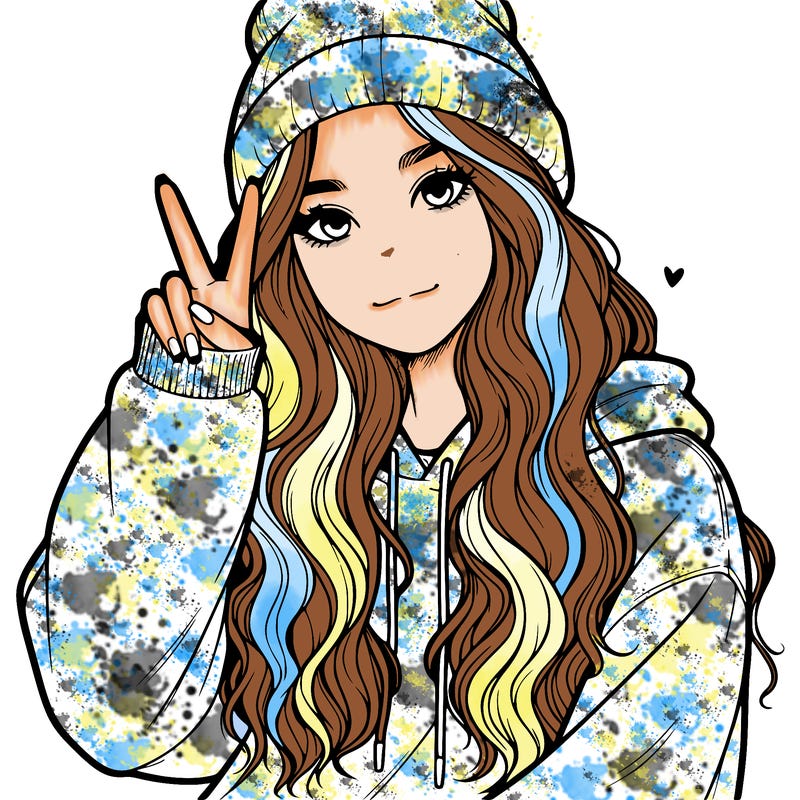 a teenage girl in a beanie, oversized sweatshirt, wavy long hair, and is showing a ✌️