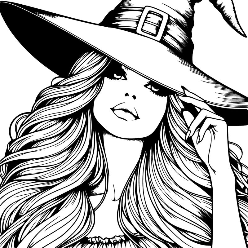 beautiful witch that looks like sabrina carpenter witch hat covering eyes camera angle looking down