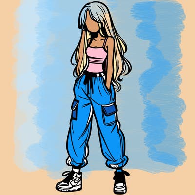 girl in baggy pants crop top and long hair