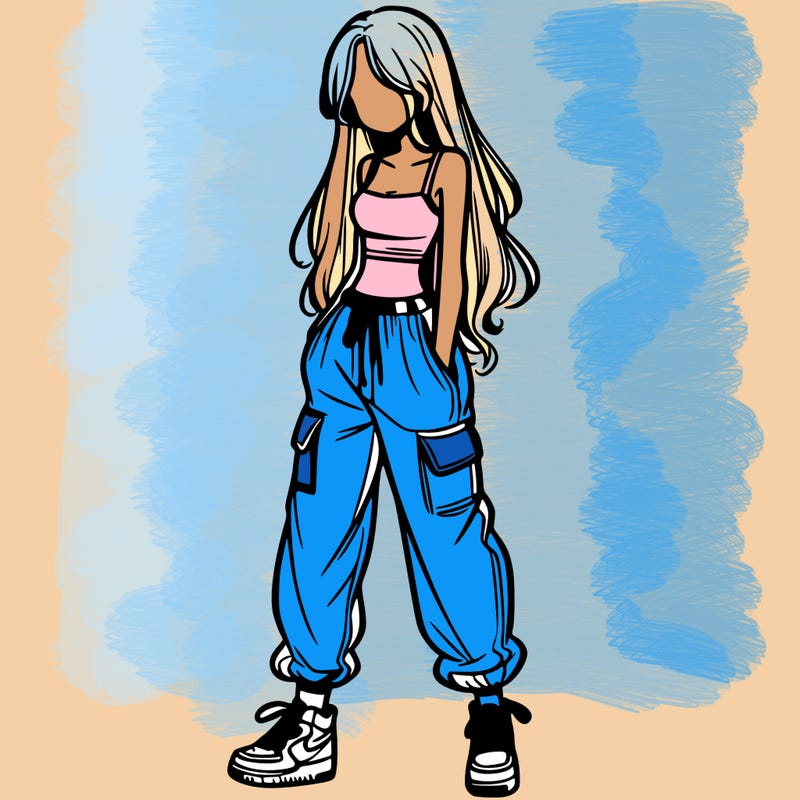 girl in baggy pants crop top and long hair