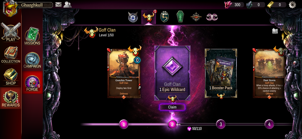 Warhammer 40,000: Warpforge - Tela de coleta de recompensas para o Clã Goff em Warhammer 40000 Warpforge mostrando recompensas de cartas e um pacote de booster