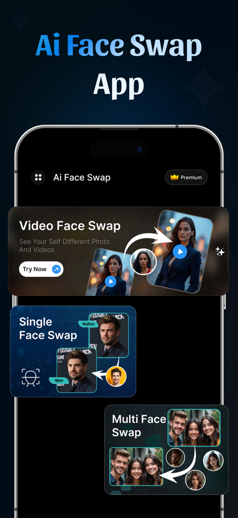 Interface of the AI Face Swap app showcasing video, single face, and multi face swap features.