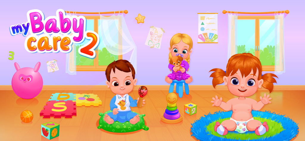 My Baby Care 2 - Daycare Game - Three cartoon babies playing with toys in a colorful daycare room