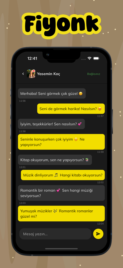 Görüntülü Sohbet - Fiyonk - Private chat interface of the Fiyonk video chat app showing a conversation in Turkish.