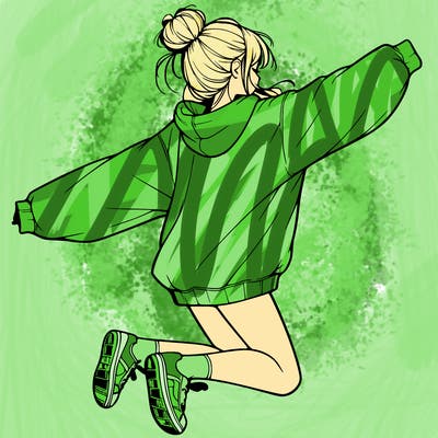 realistic girl jumping with a bun and oversized sweatshirt