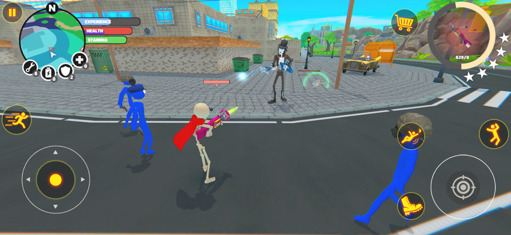 Stick Hero Simulator - Stickman superhero in a red cape using a special weapon to fight enemies in a 3D city street.