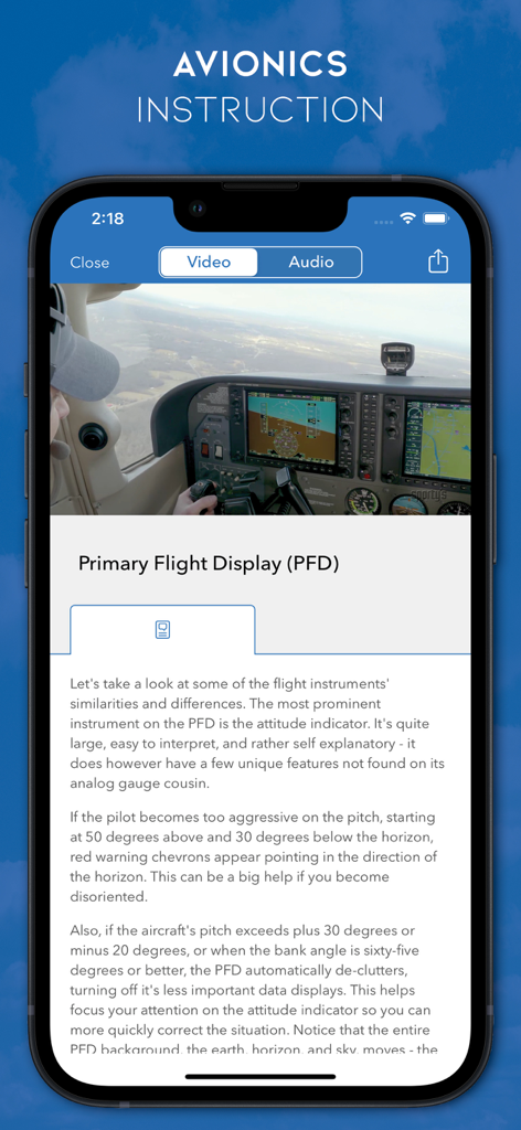 Sporty's Pilot Training app showing an avionics instruction lesson on the Primary Flight Display