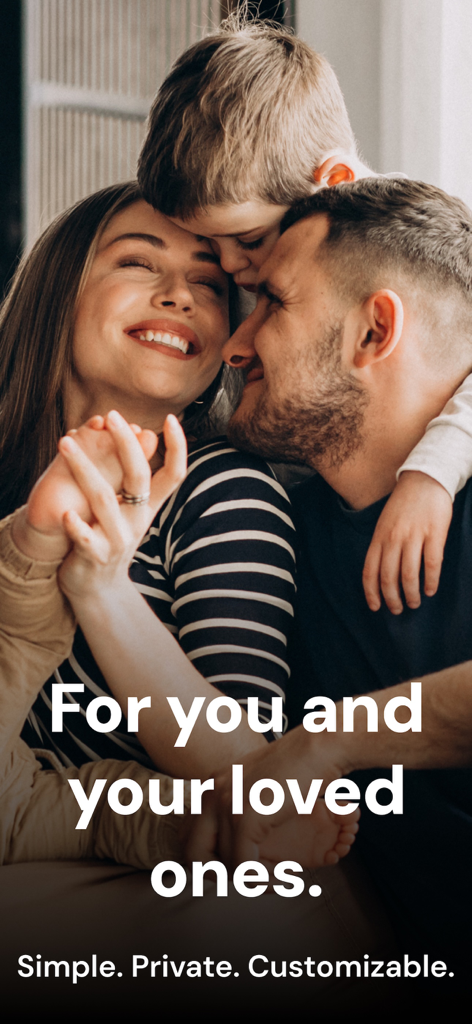 Airbum - Share photos & videos - A happy family hugging with text describing the app as simple private and customizable for loved ones