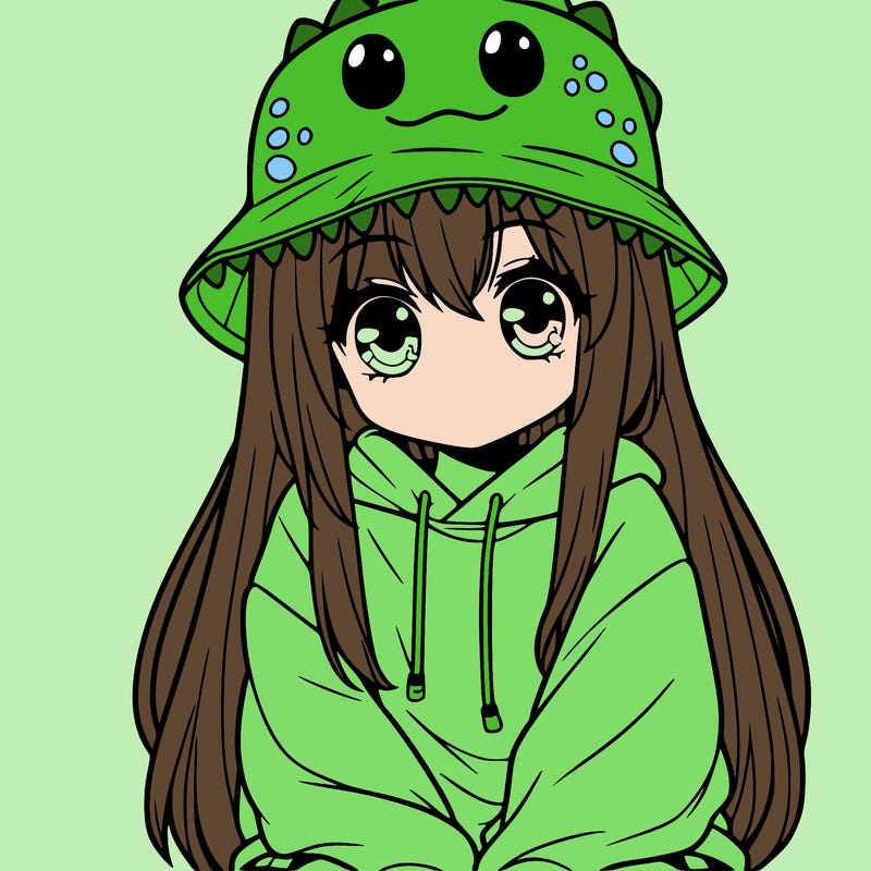 girl with anime shaped eyes with a dinosaur bucket hat oversized sweatshirt long straight hair